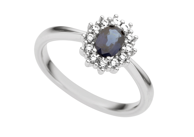 Haakonsen rosett ring i hvitt gull med safir og diamanter 0.24 ct.